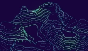 Digital landscape of mountains with blue-green contour lines on a dark purple background, resembling a topographic map.