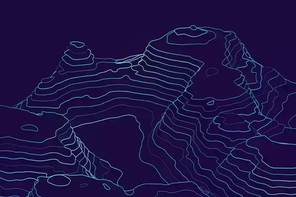 Stylized topographical map displaying abstract mountain ranges with light blue and cyan contour lines against a dark navy background, indicating elevation changes.
