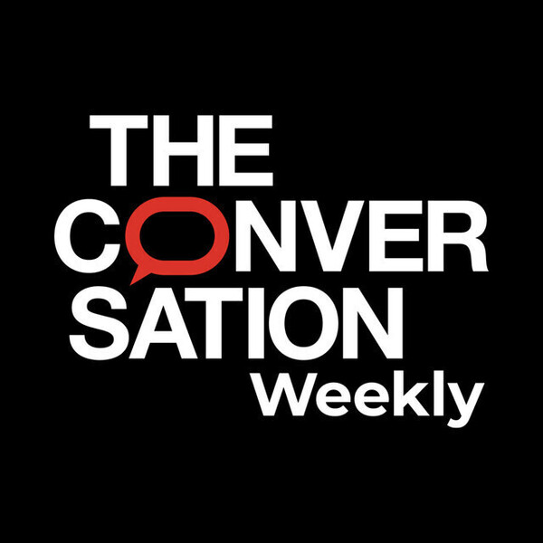 The Conversation Weekly logo: white text on black background, with a red speech bubble outline for the 'O'.