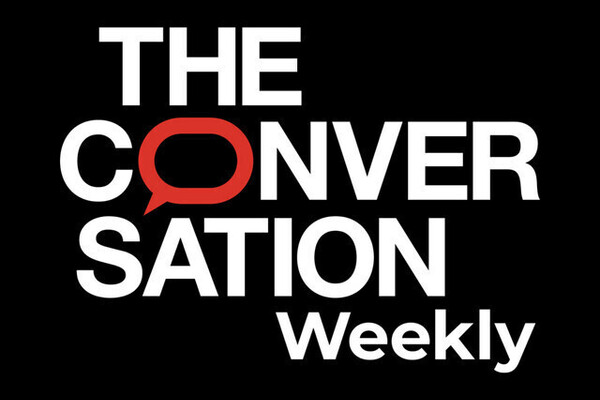 The Conversation Weekly logo: white text on black background, with a red speech bubble outline for the 'O'.