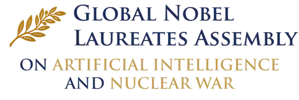 Golden olive branch beside Global Nobel Laureates Assembly (blue) on Artificial Intelligence and Nuclear War (gold).
